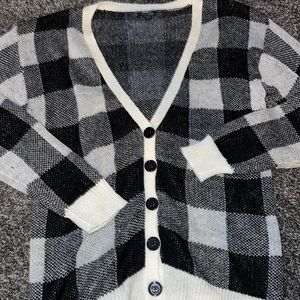 tan and black checkered cardigan